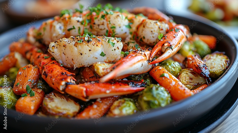 Seared lobster, crab claws, & veggies in a bowl Seared lobster, crab claws, & veggies in a bowl
