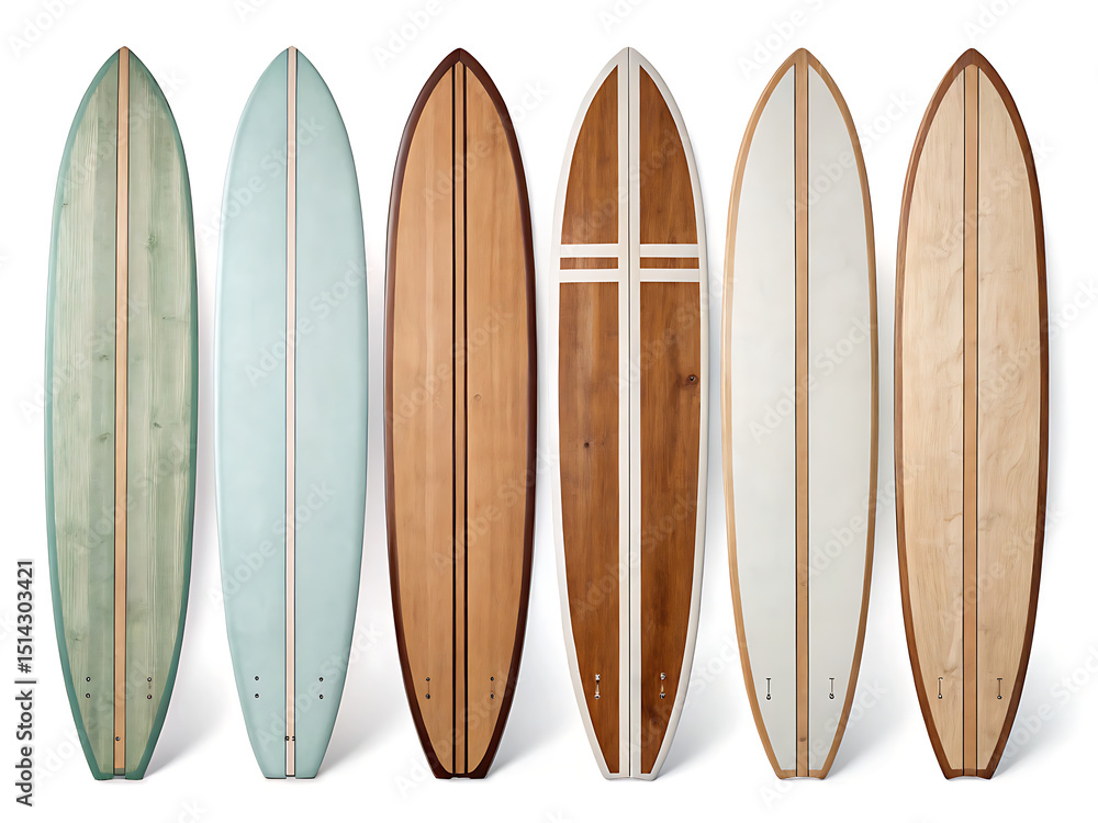 A row of six surfboards with different wood grain patterns and colors against a white background A row of six surfboards with different wood grain patterns and colors against a white background