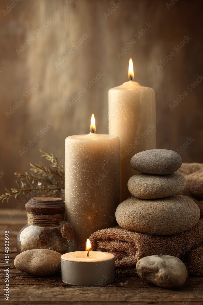 Two lit pillar candles, a tea light, smooth stones, a rolled towel, and a small jar on a rustic wooden surface. Warm, earthy tones and soft lighting create a serene atmosphere Two lit pillar candles, a tea light, smooth stones, a rolled towel, and a small jar on a rustic wooden surface. Warm, earthy tones and soft lighting create a serene atmosphere