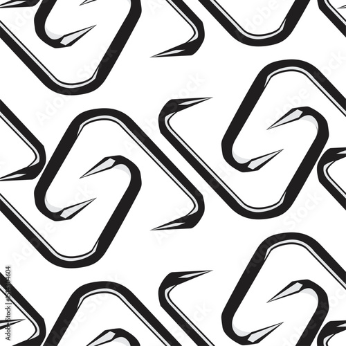 The image is a seamless pattern of black and white stylized shapes resembling intertwined or interlocking hooks, possibly fishing hooks or abstract S-shapes with pointed ends