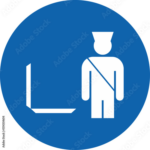 The image is a blue circular sign with a white silhouette of a person wearing a hat and sash, inspecting a suitcase or valise. This represents a security checkpoint or baggage inspection