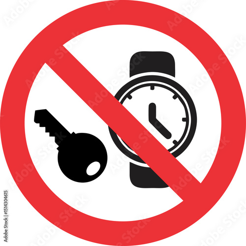 Prohibition sign, a black silhouette of a key and a watch, indicating a prohibition against carrying these items