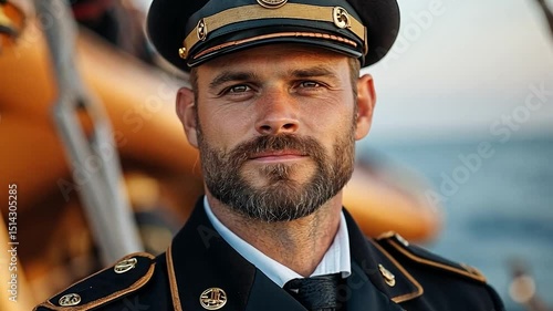 Close-up portrait of a man with a beard, wearing a dark navy captain's uniform with gold accents, standing outdoors on a ship