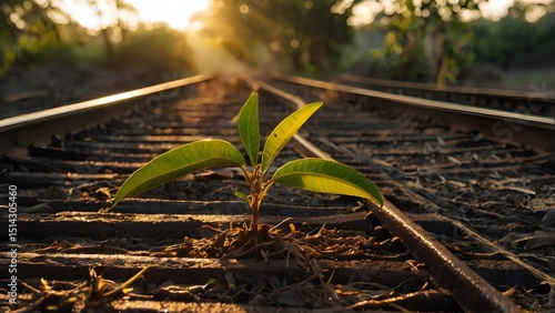 A young tree sprouting beside train tracks in a forest showing nature and growth