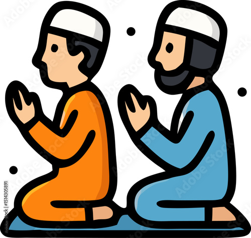 Muslim men in traditional clothing kneeling in prayer, suitable for religious, cultural, or spiritual concepts in design projects.