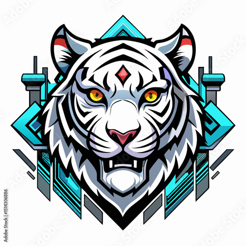 Crazy tiger head in tech  design and bold line black , white background ,full color