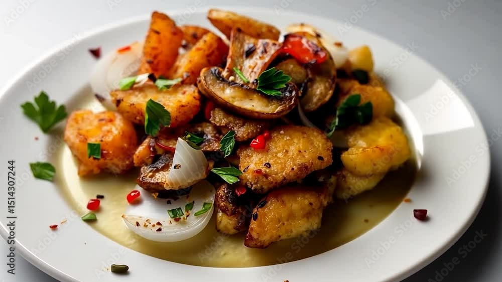 Roasted potato and mushroom dish with herbs, served on a white plate. Close-up view Roasted potato and mushroom dish with herbs, served on a white plate. Close-up view