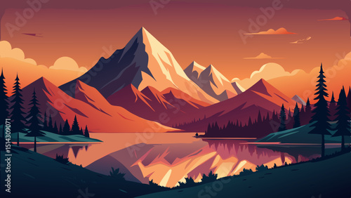 Scenic mountain range reflected in calm lake at sunset
