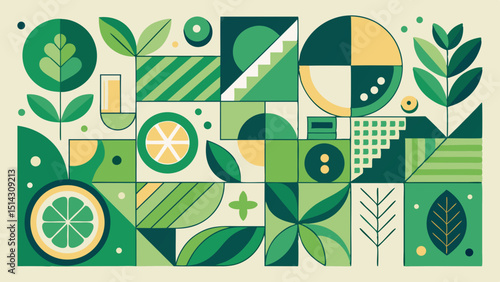 Geometric pattern with leaves and citrus fruit slices