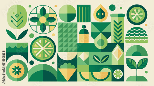 Geometric green and yellow botanical pattern design