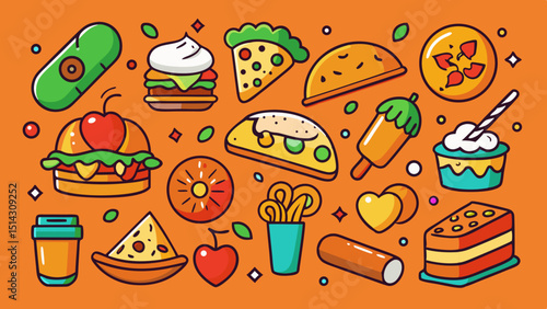 Assortment of cartoon style food items on orange background