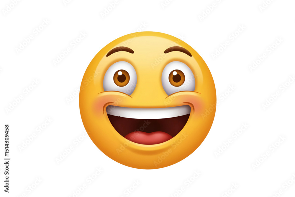 Fototapeta premium Bright yellow smiling emoji with wide eyes and open mouth, representing happiness or positivity, isolated on a white background for emotional or branding designs