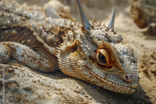 Horned lizard blending seamlessly into the desert sand intricate textures and natural camouflage ultra detailed macro shot