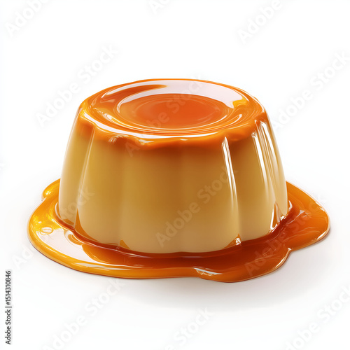 a silky smooth caramel pudding with glossy surface and rich color perfectly isolated on white background with soft studio glow