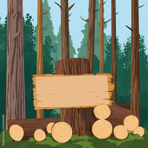 Empty Sign in Forest: A blank wooden sign stands prominently in a lush forest setting, framed by towering trees and freshly cut logs, ready to convey your message in this serene outdoor scene.
