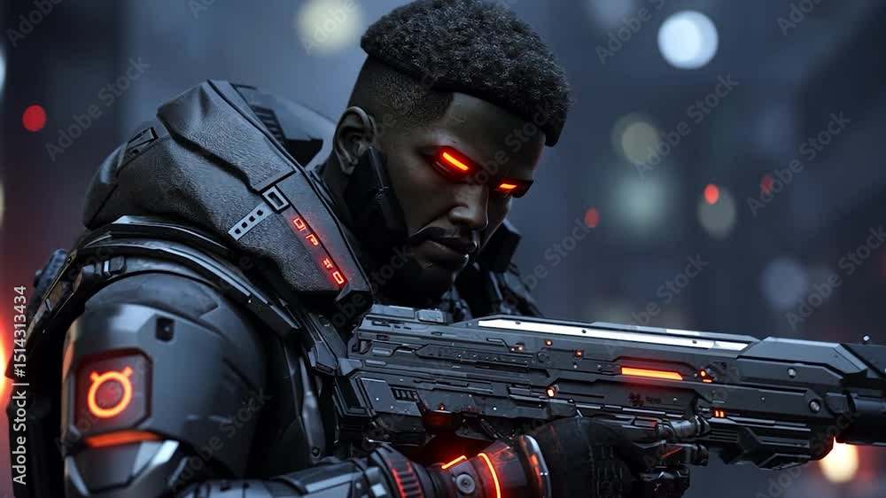 A dark-skinned man in futuristic combat armor holds a weapon, his red eyes glowing intensely. The background is a blurred cityscape at night A dark-skinned man in futuristic combat armor holds a weapon, his red eyes glowing intensely. The background is a blurred cityscape at night