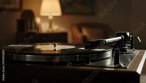 Close up of a record player with a vinyl record spinning in a dimly lit living room setting scene indoors
