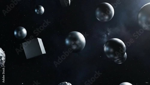 Floating geometric shapes and spheres in a dark space with stars and light reflections around them