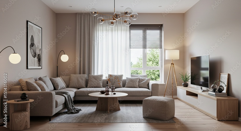 Fototapeta premium Cozy living room with a sectional sofa, coffee table, and television.