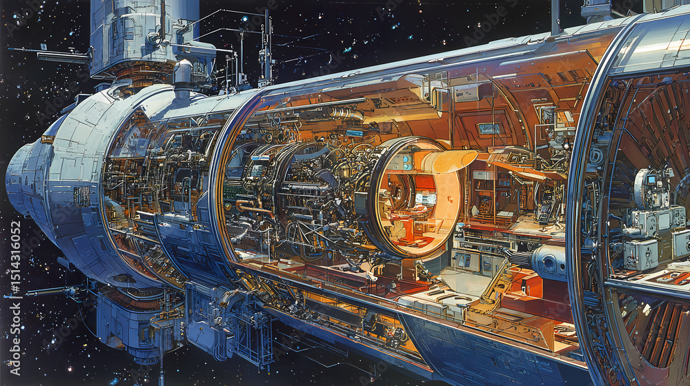 Fototapeta premium illustration for aerospace magazine | systematized progress | technological ambition | retro console tones | cutaway diagrams | deep space cruisers | vacuum light diffusion | gloss lighting | first