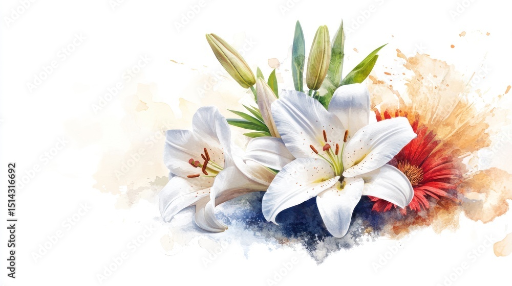 Obraz premium White Lily Flowers Watercolor Set on Black Background - High Quality Clip Art for Cards, Posters, Stickers - Easter, Spring, Mother's Day, Wedding