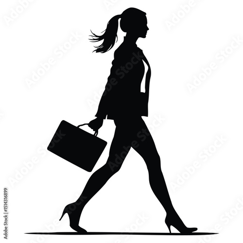 Silhouette of a businesswoman walking fast with a briefcase in hand, professional confident posture, clean vector art, white background
