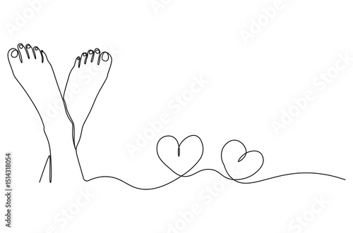 Continuous one line drawing of Female feet pedicure with love signs. Single line drawing illustration of Woman legs of for beauty. Love and foot care concept vector art. Doodle line illustration.