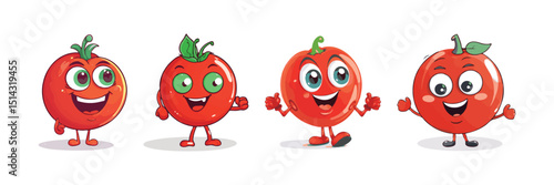 Happy smiling tomato cartoon characters with lively expressions and animated poses, cheerful vegetable mascots illustration
