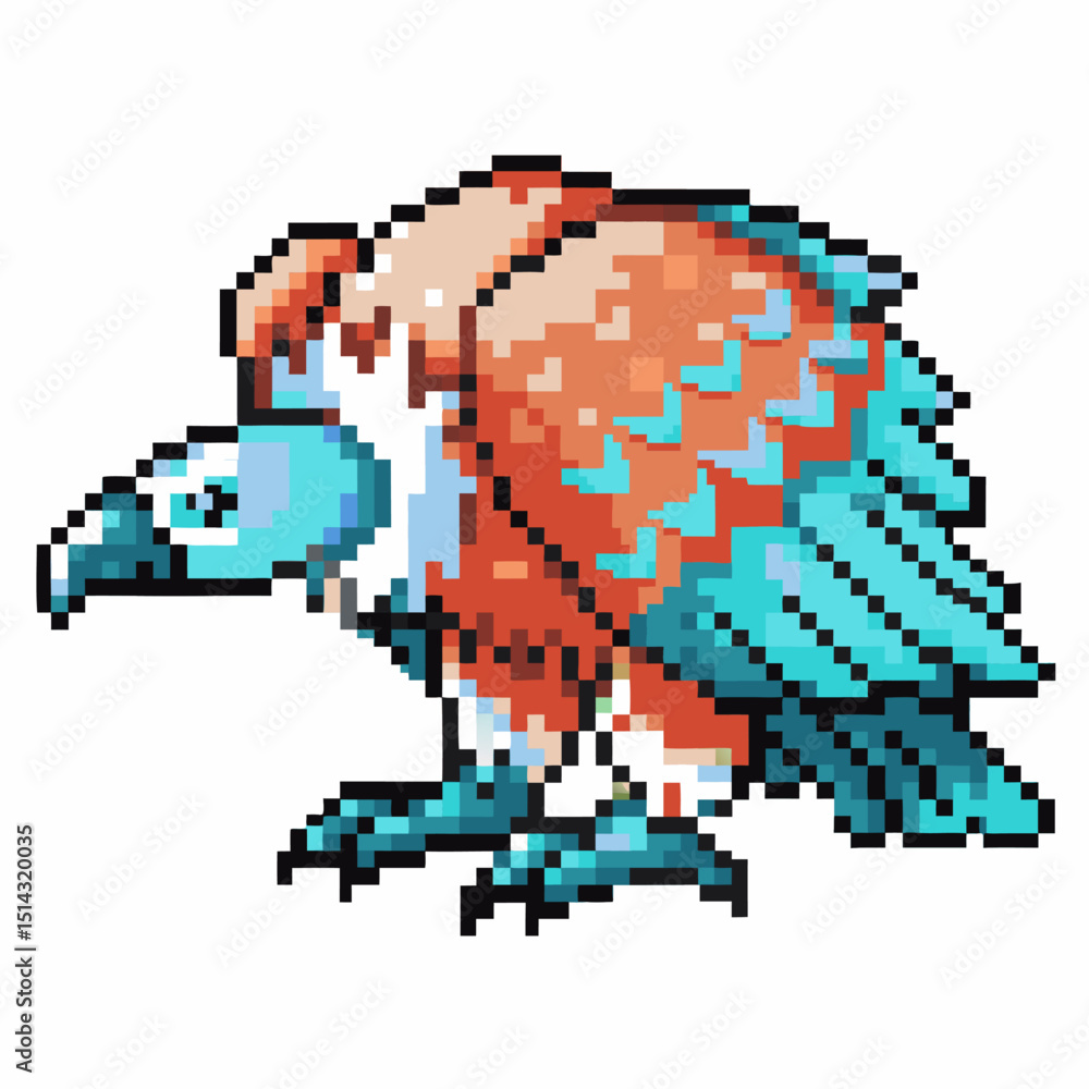 pixel art vulture retro 8 bit bird with turquoise and orange feathers, isolated on white pixel art vulture retro 8 bit bird with turquoise and orange feathers, isolated on white