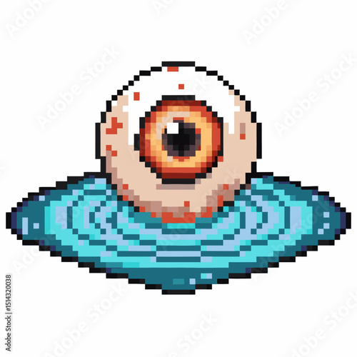 Pixel art floating eyeball on blue liquid retro digital artwork, eerie magical theme