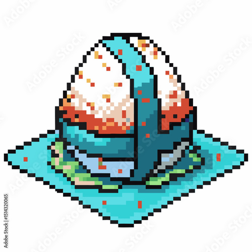 Pixel art sushi design with fish roe retro gaming style, colorful seafood creation on plate