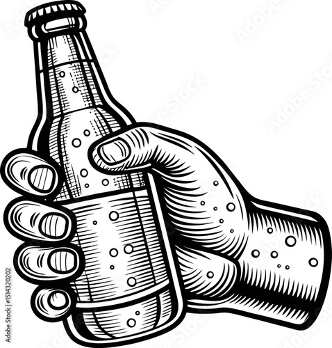 Hand holding vintage soda bottle, beverage illustration in retro engraving