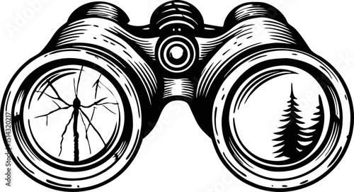 Vintage binoculars sketch with cracked lens and nature reflection