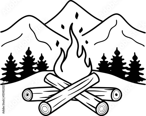 Campfire in mountain wilderness with pine trees and campfire flames in black and white illustration