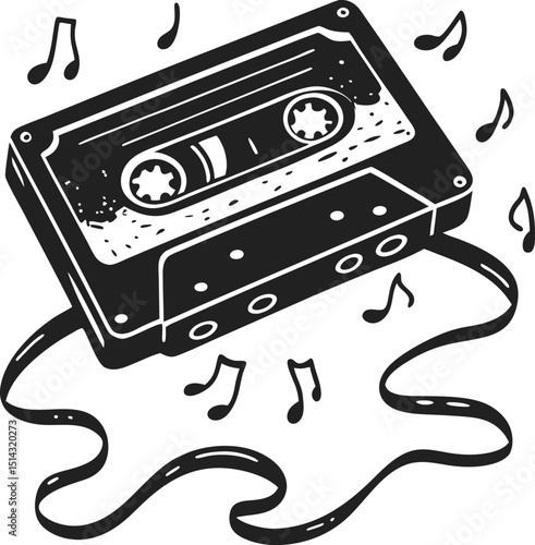 Vintage cassette tape with unraveled ribbon and musical notes