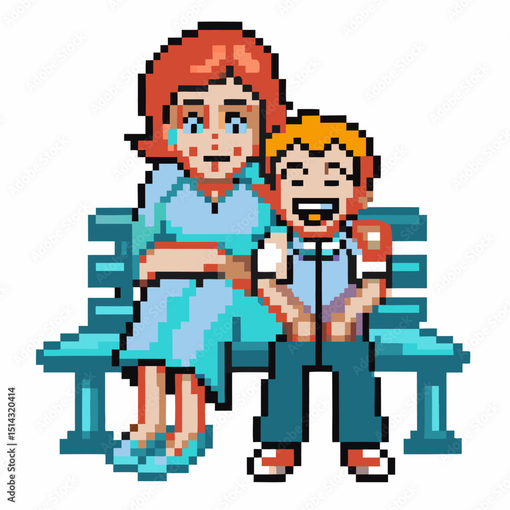 Obraz premium pixel art illustration of a comforting moment mother and son sitting on a bench, retro 8 bit design, emotional bond, nostalgia