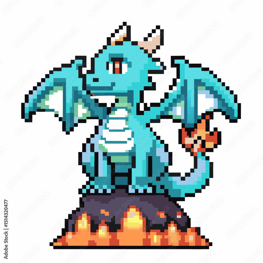 Fototapeta premium Pixel art dragon on flaming mountain blue mythical creature design