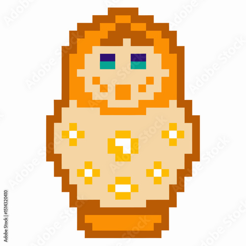 pixel art matryoshka doll with a smiling face in a floral patterned design
