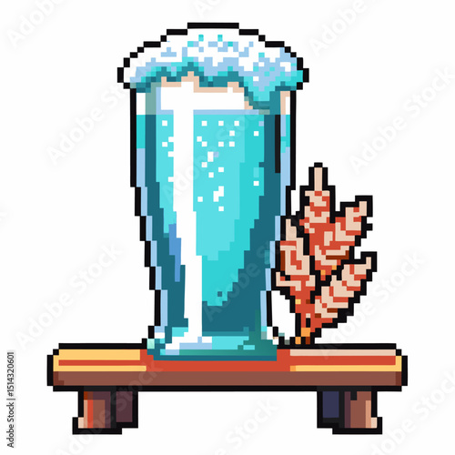 Pixel art craft beer on wooden table with wheat stalks in vibrant blue glass