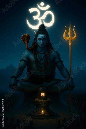 Divine Meditation of Lord Shiva Surrounded by Cosmic Energy, Trishul, Serpent, and the Glowing Om Symbol at Night