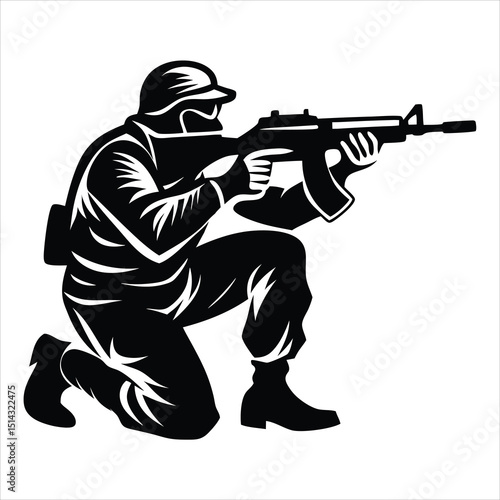 Military soldier saluting silhouette vector illustration for design use, A black silhouette of an soldier kneeling and aiming a rifle, against a white background