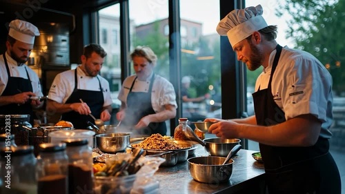 Four chefs in white jackets and chef hats prepare food in a restaurant kitchen.  Warm lighting, stainless steel pots and pans, and a busy atmosphere