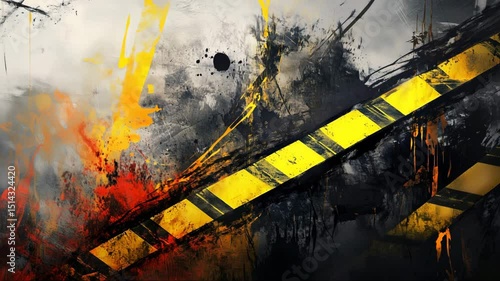 Police line do not cross tape fluttering over grungy black-and-yellow textured background with smoke and sparks, dramatic cinematic crime scene animation