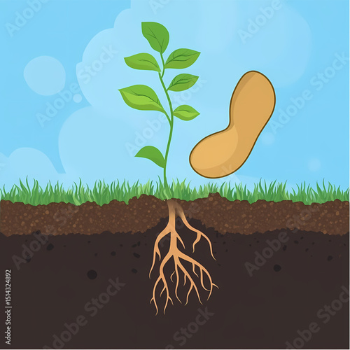 Peanut Plant Vector Illustration: A vibrant vector illustration of a peanut plant sprouting, revealing its roots beneath the soil and a peanut above, set against a bright sky.