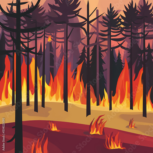 Forest Fire: A vibrant and ominous illustration capturing the intense heat of a forest fire, the destructive power of nature's fury against the backdrop of towering trees.