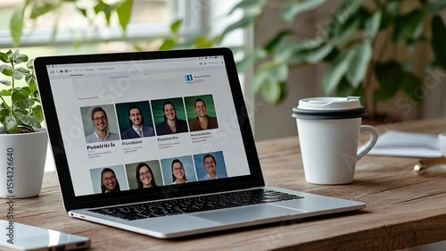 Laptop displaying a webpage with multiple headshots on a wooden desk near plants and a coffee cup