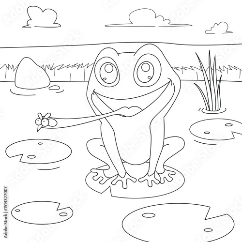Children_s coloring illustration with Frog on waterlily