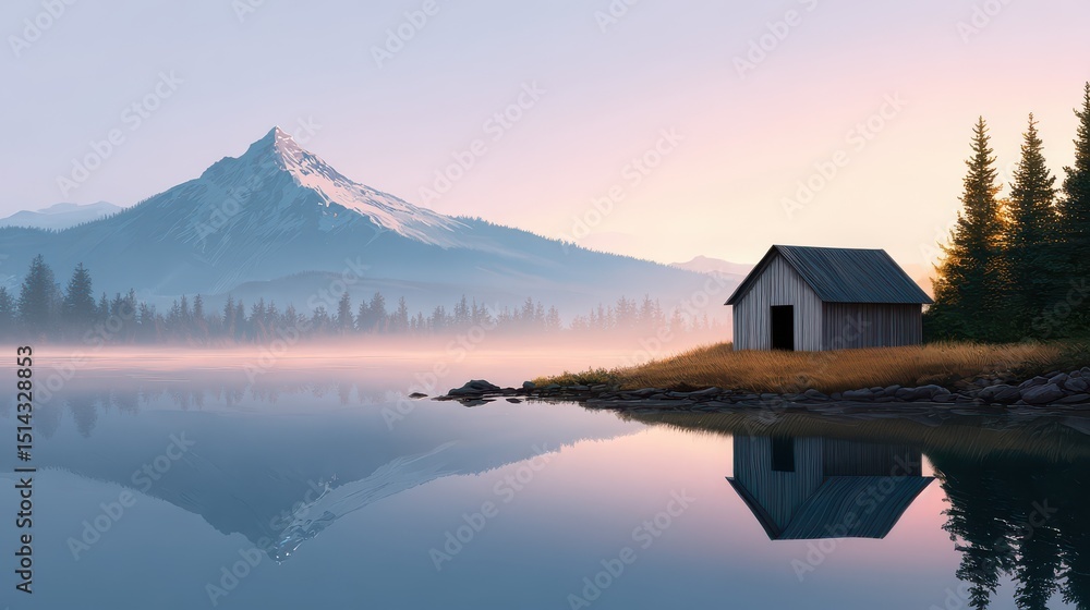 Fototapeta premium a solitary cabin by a mountain lake, with still reflections and evening glow, realistic details