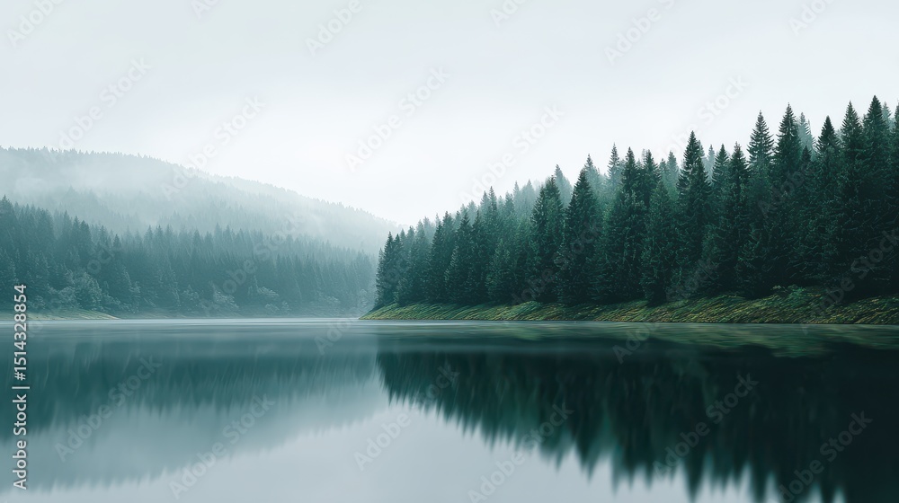 Fototapeta premium a tranquil lake in the middle of a dense foggy forest, soft muted colors, realistic mood
