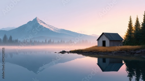 a solitary cabin by a mountain lake, with still reflections and evening glow, realistic details